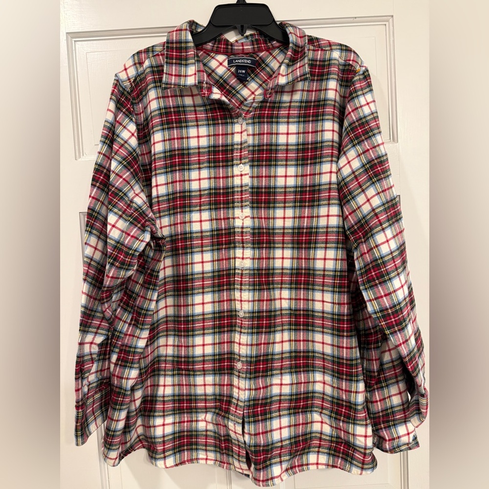 Lands’ End Flannel Button Down Shirt Womens 26W Red, White, Green Plaid